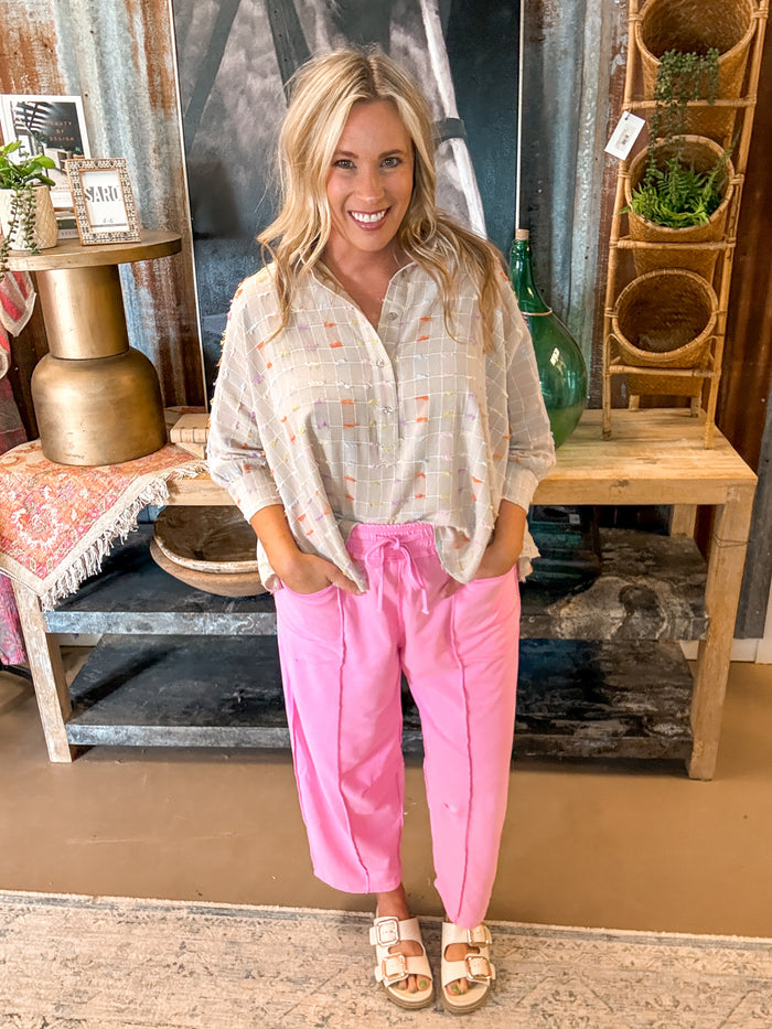 MADDIE MINERAL WASH BARREL PANTS, CANDY PINK