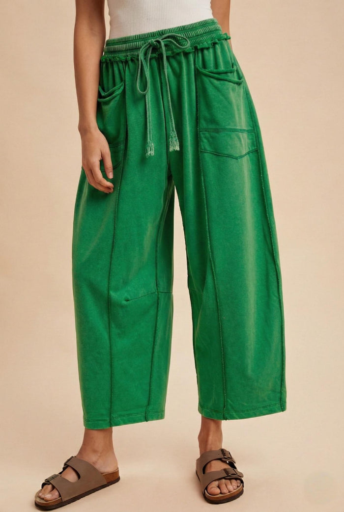 MADDIE MINERAL WASH BARREL PANTS, KELLY GREEN