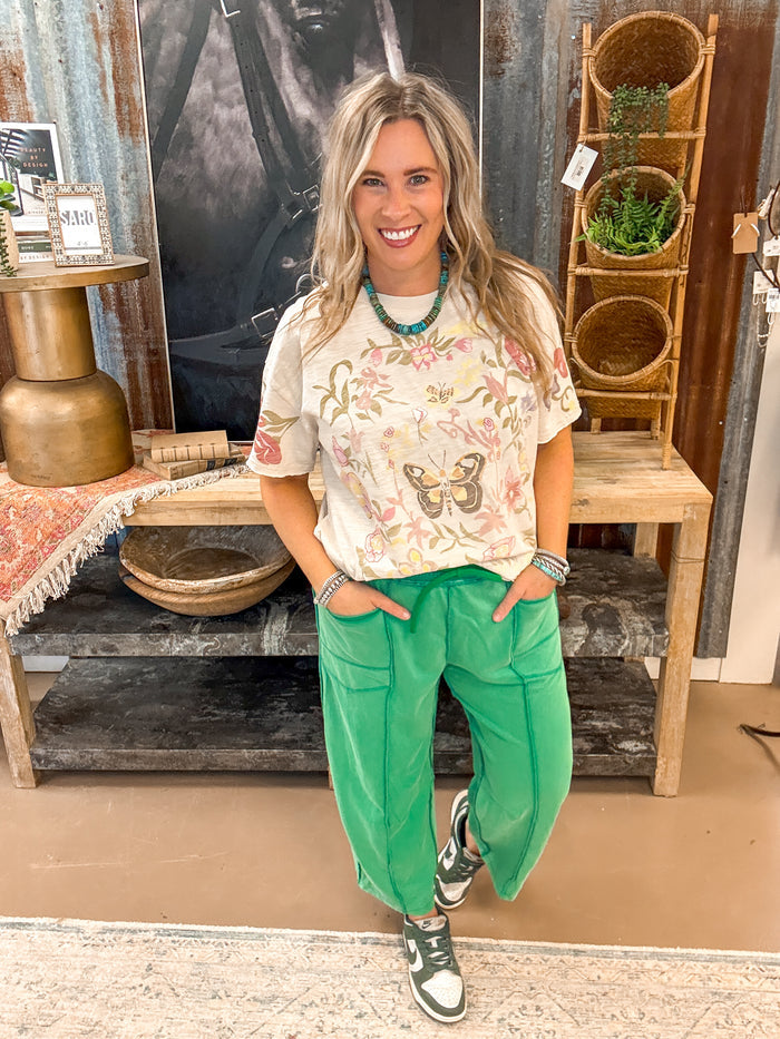 MADDIE MINERAL WASH BARREL PANTS, KELLY GREEN