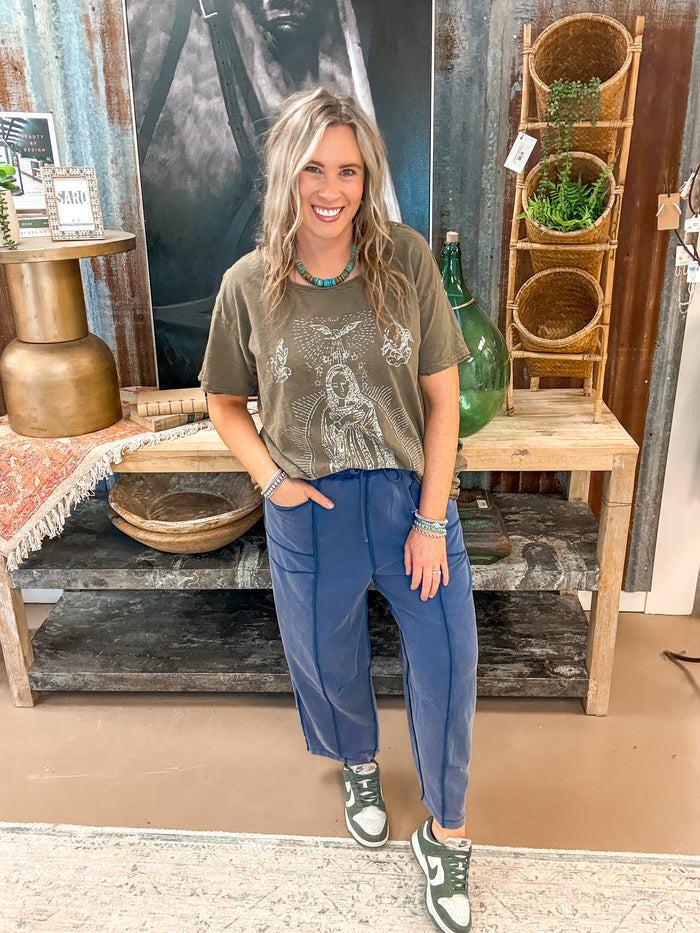 MADDIE MINERAL WASH BARREL PANTS, NAVY BLUE
