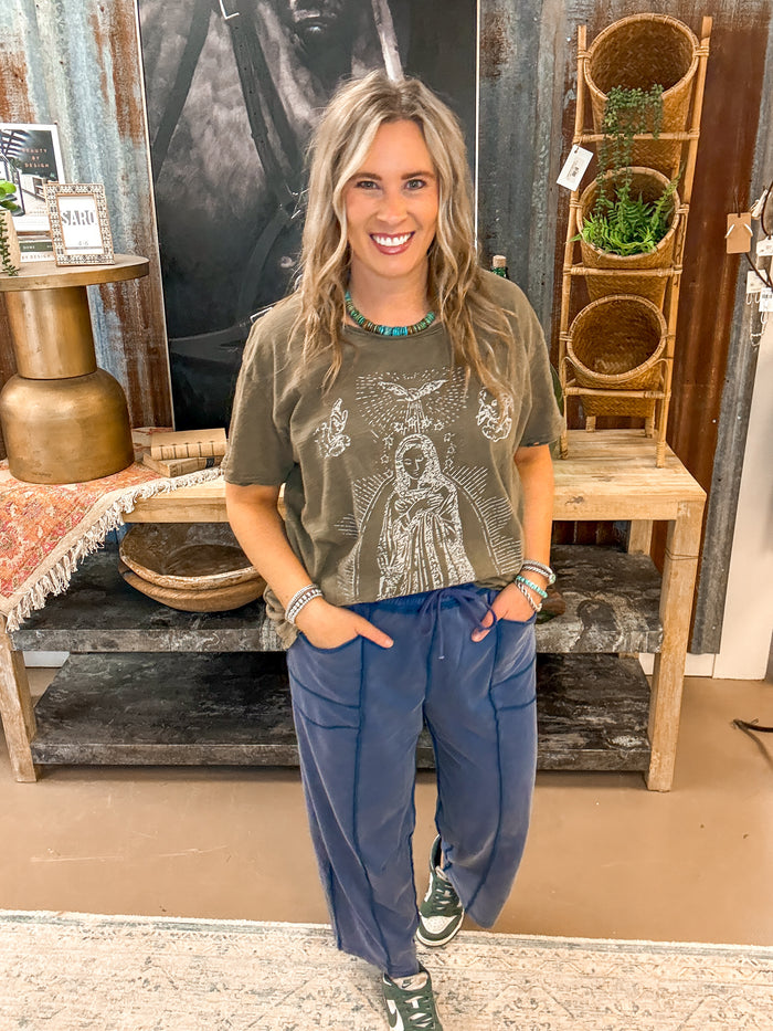 MADDIE MINERAL WASH BARREL PANTS, NAVY BLUE