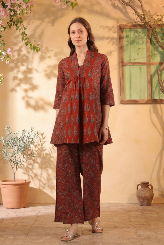 Maroon Ethnic Printed Tunic & Pant Co-ord Set