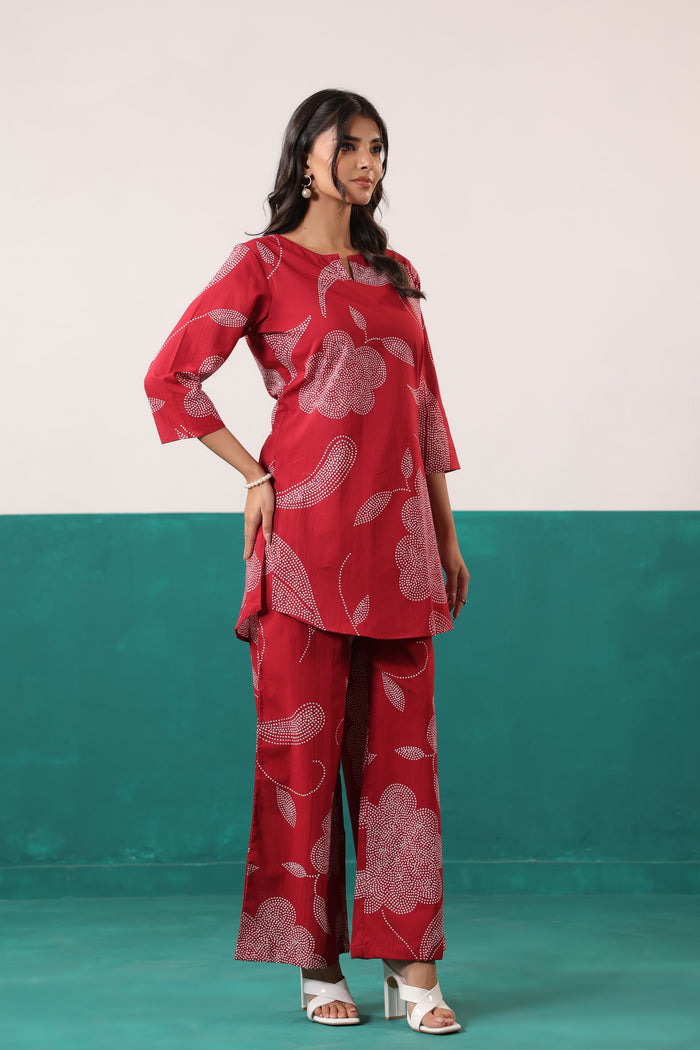 Maroon Floral Printed Straight Cotton Co-ord Set