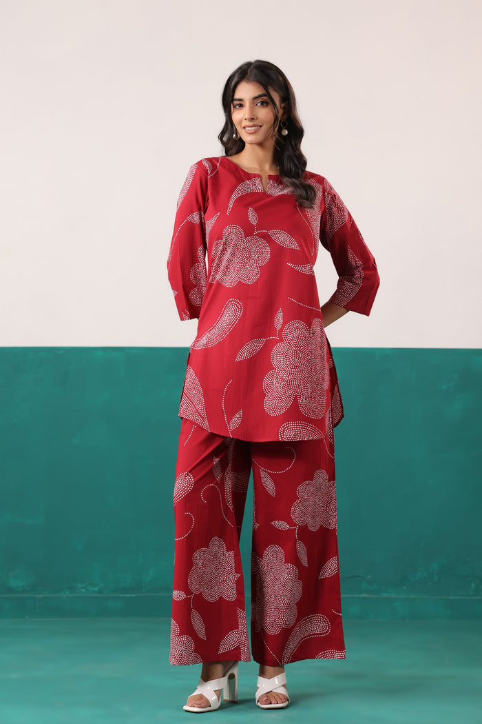 Maroon Floral Printed Straight Cotton Co-ord Set
