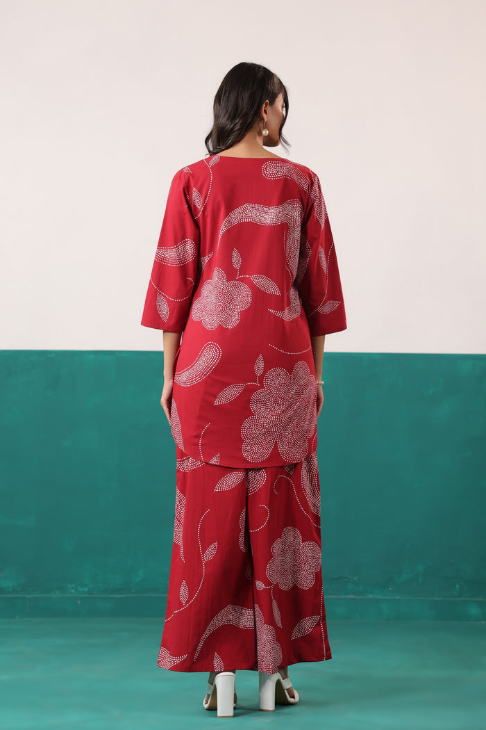 Maroon Floral Printed Straight Cotton Co-ord Set