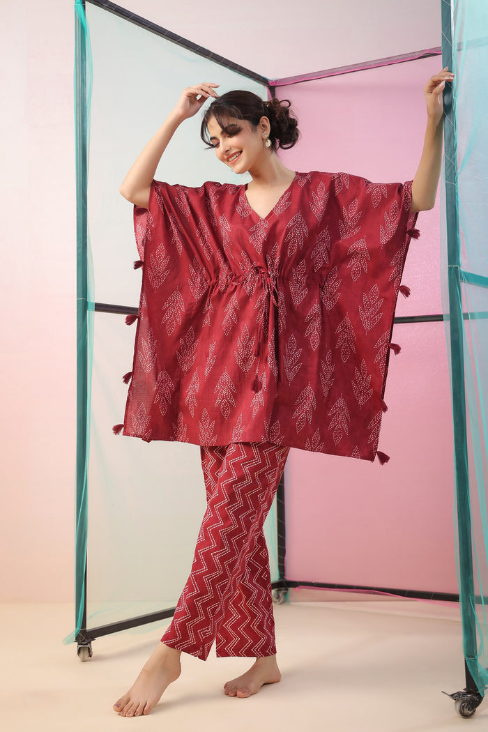 Maroon Shibori Kaftan Cotton Co-ord Set