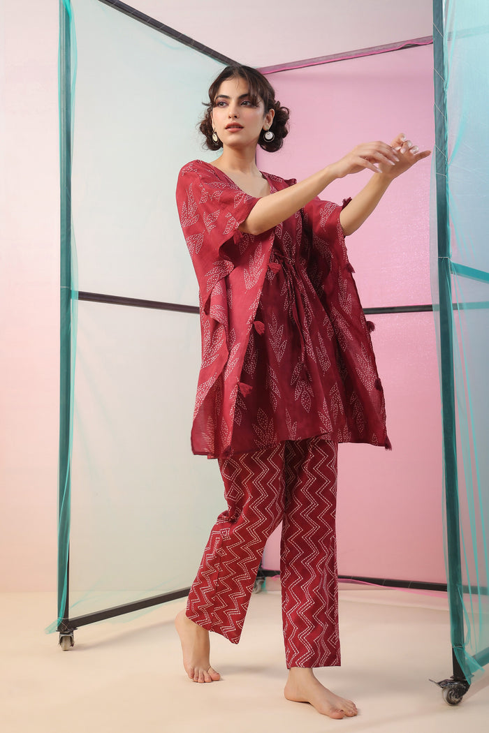 Maroon Shibori Kaftan Cotton Co-ord Set