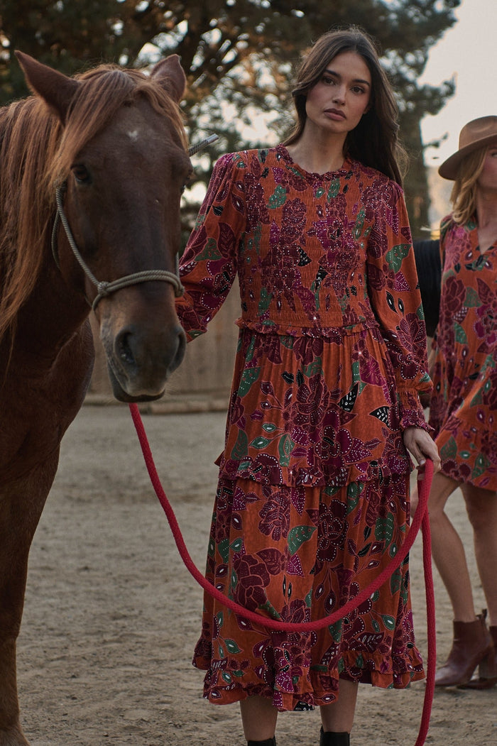 Marven Floral Seldy Smocked Midi Dress