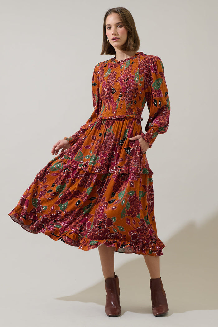 Marven Floral Seldy Smocked Midi Dress