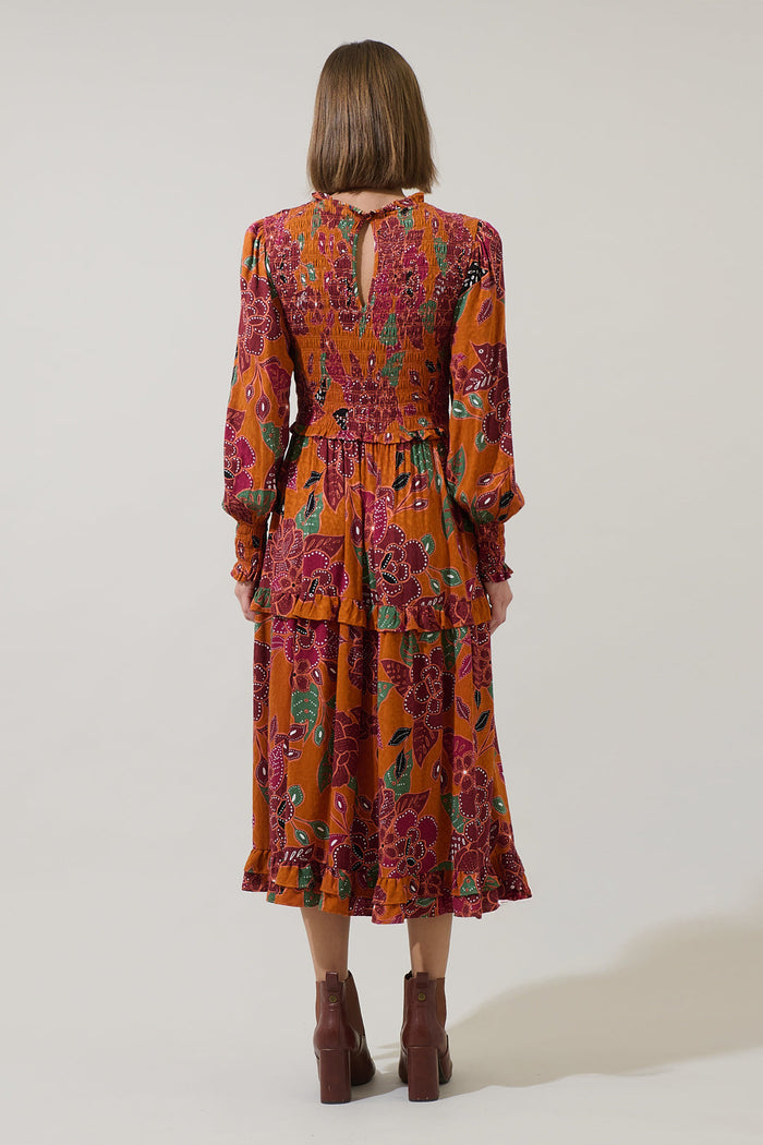 Marven Floral Seldy Smocked Midi Dress