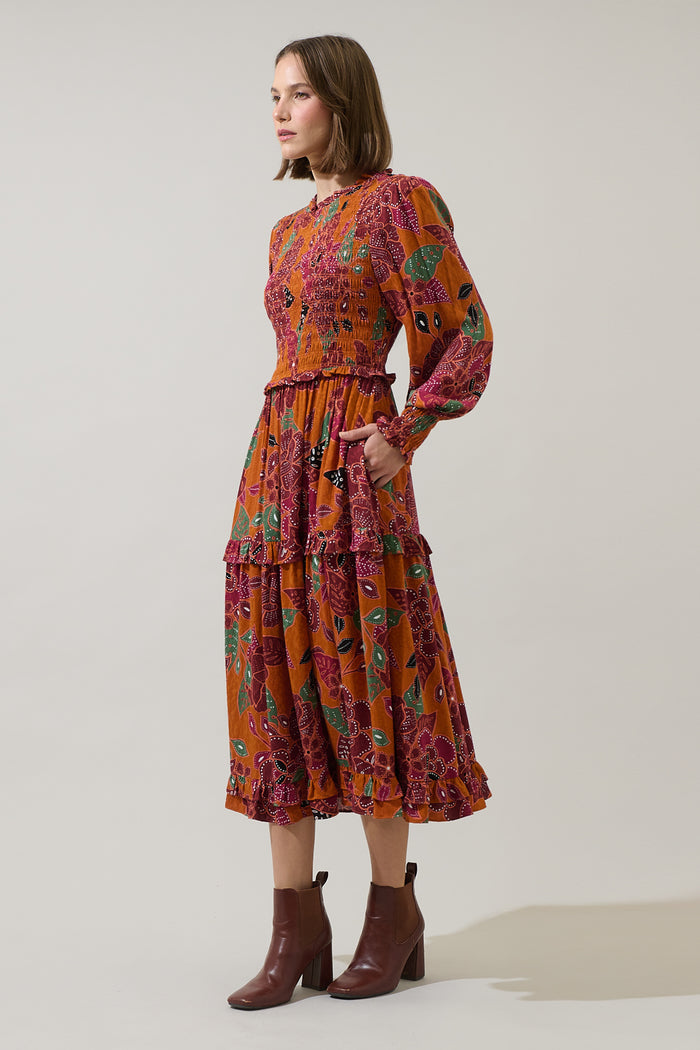 Marven Floral Seldy Smocked Midi Dress