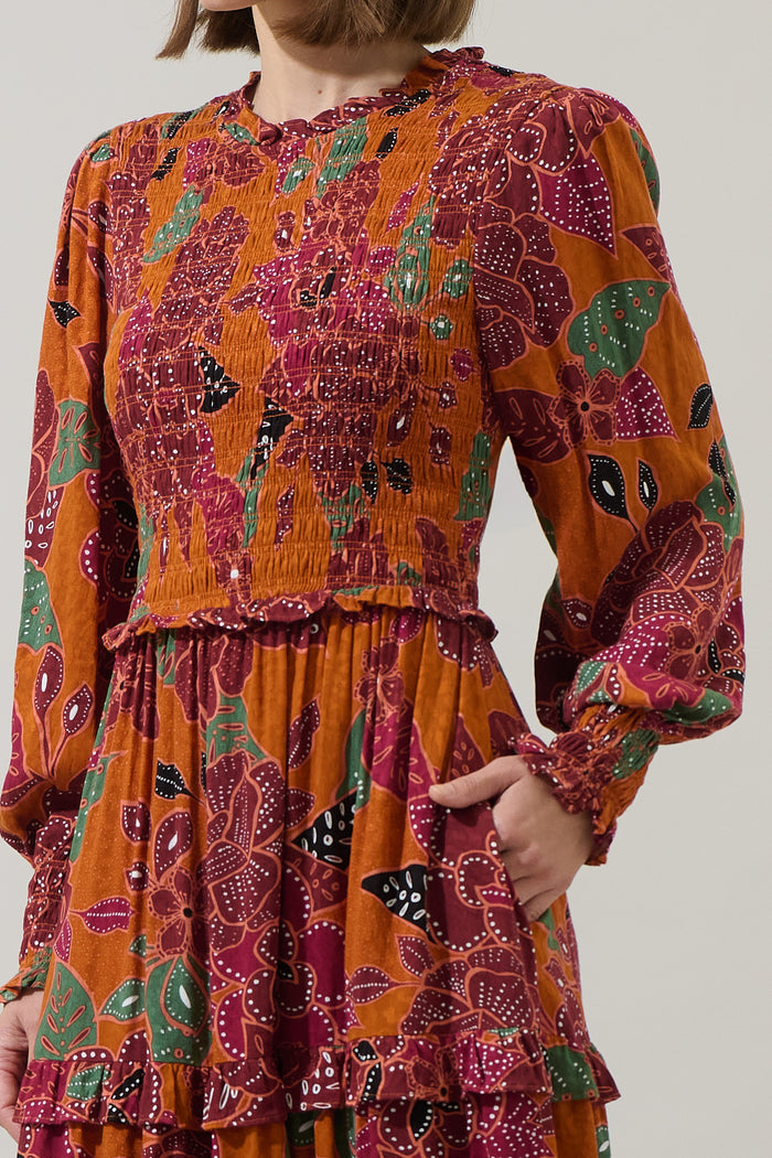 Marven Floral Seldy Smocked Midi Dress