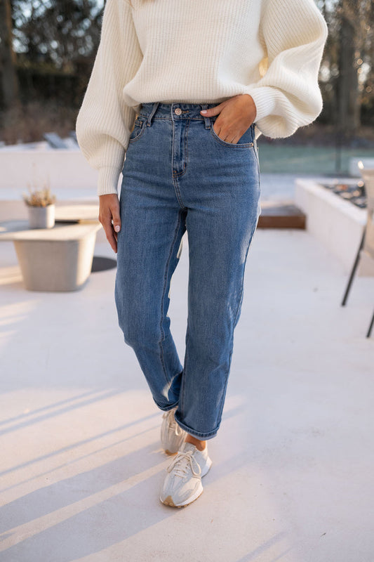 Medium-blue high-rise straight-leg jeans