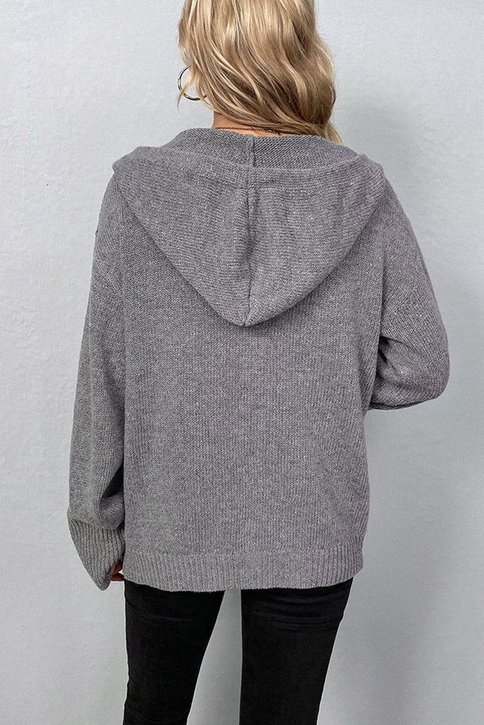 Medium Grey Drawstring Hooded Button Up Drop Shoulder Sweater Cardigan - Sweaters & Cardigans/Cardigans