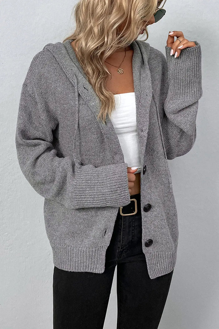 Medium Grey Drawstring Hooded Button Up Drop Shoulder Sweater Cardigan - Sweaters & Cardigans/Cardigans