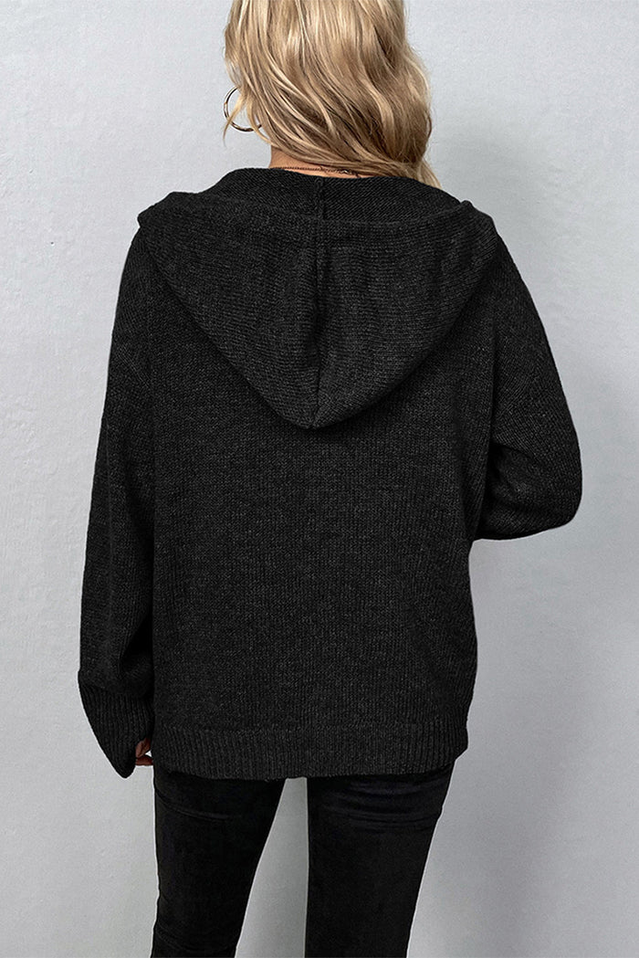 Medium Grey Drawstring Hooded Button Up Drop Shoulder Sweater Cardigan - Sweaters & Cardigans/Cardigans