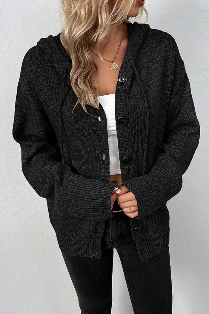 Medium Grey Drawstring Hooded Button Up Drop Shoulder Sweater Cardigan - Sweaters & Cardigans/Cardigans