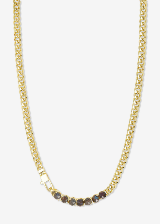 Gold chain necklace with seven labradorite stones on a white background
