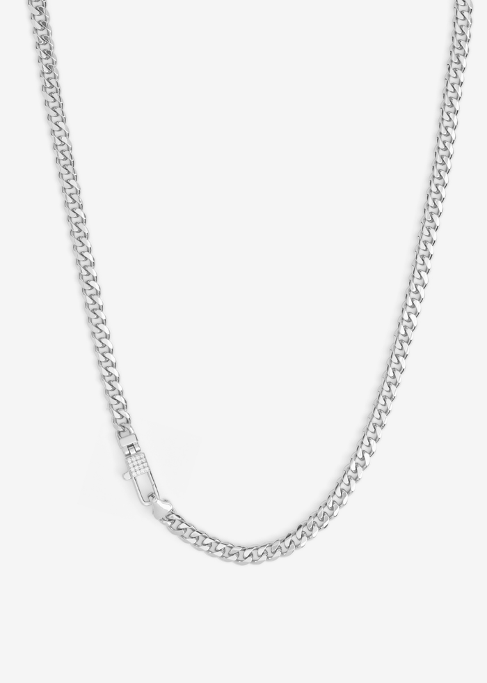 Silver chain necklace with a lock clasp and pave accents on a white background