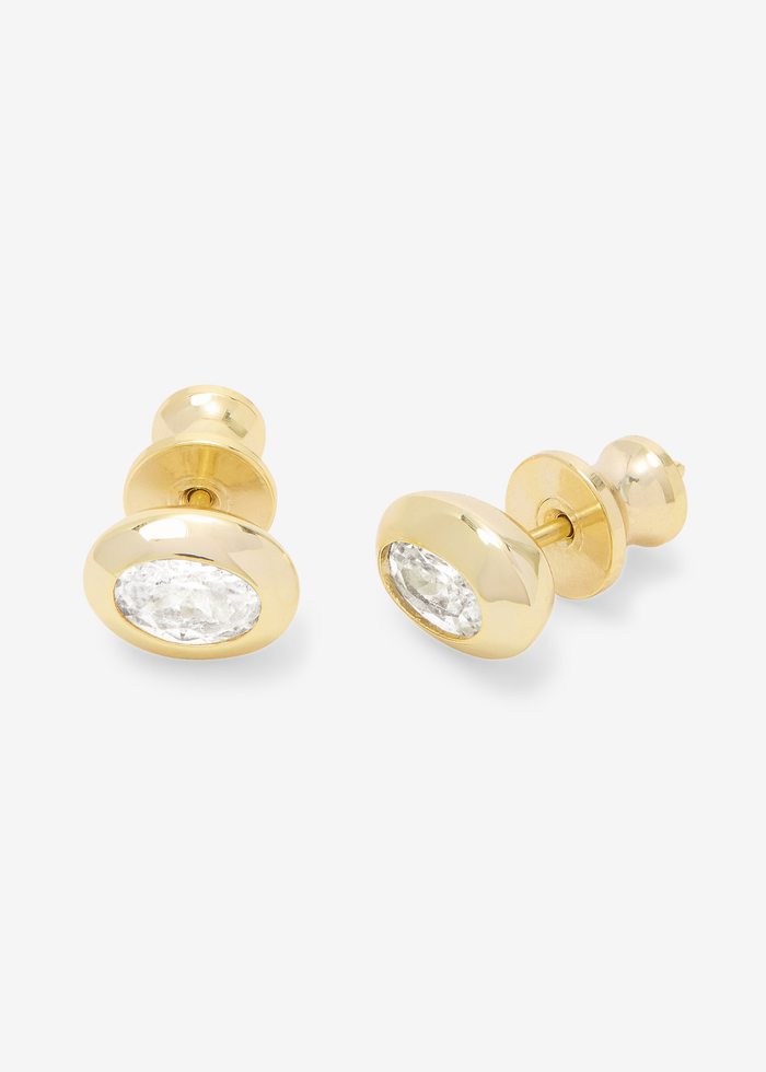 Gold framed simulated diamond earrings on a white background