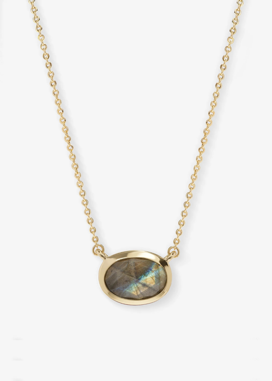 Gold framed labradorite pendant necklace on a white background