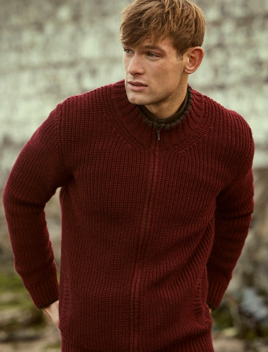 Men's Merino Ribbed Cardigan - Claret #color_claret