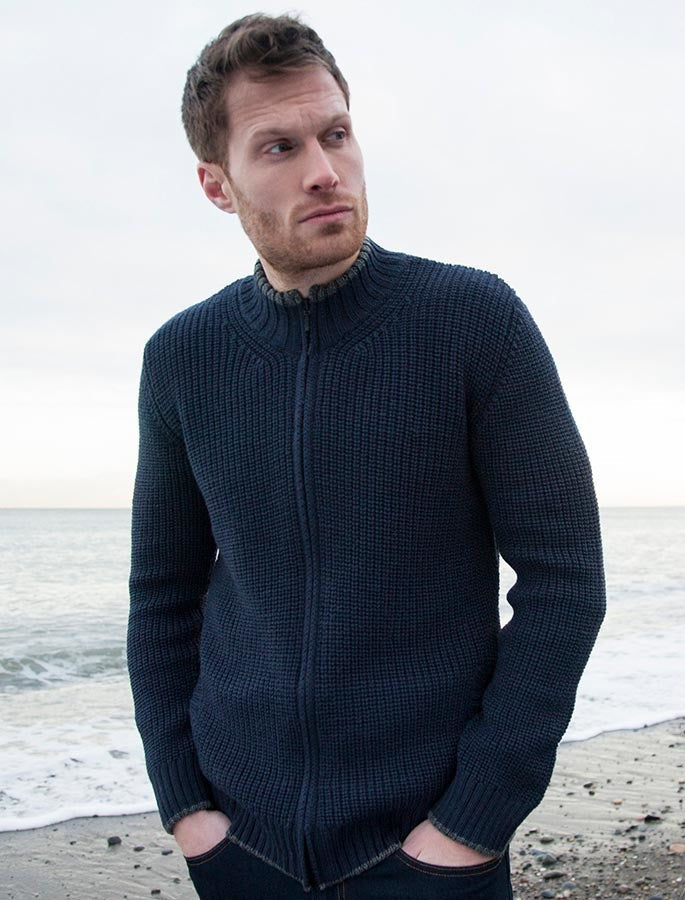Men's Merino Ribbed Cardigan - Navy #color_navy