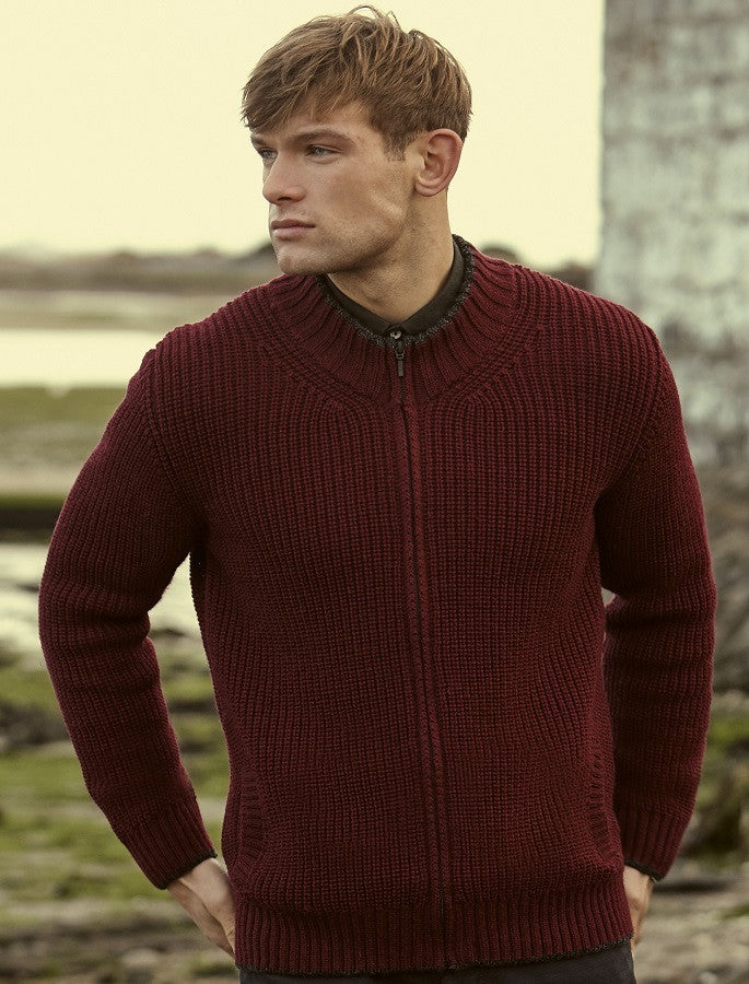 Men's Merino Ribbed Cardigan - Claret #color_claret