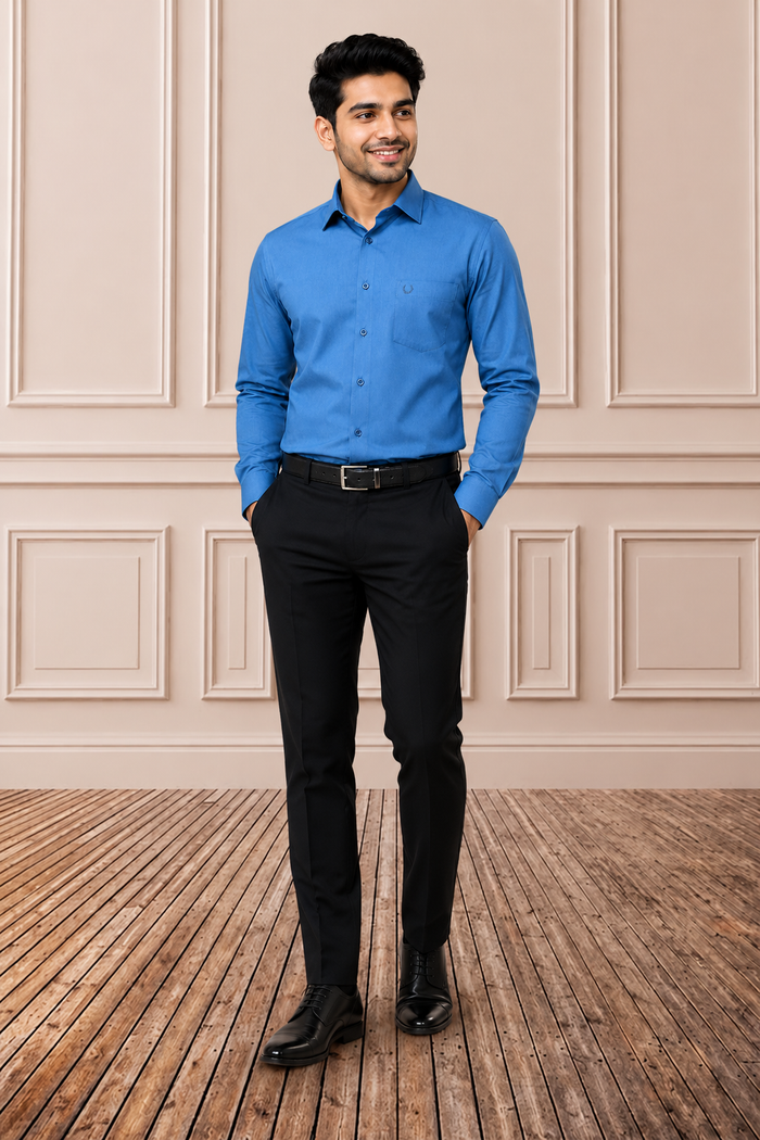Men's Solid Blue Formal Shirt | Premium Tailored Fit | Full Sleeves