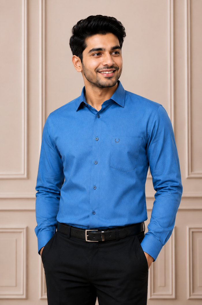Men's Solid Blue Formal Shirt | Premium Tailored Fit | Full Sleeves