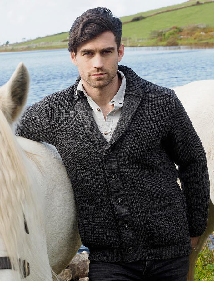 Merino Wool Ribbed Shawl Neck Cardigan - Charcoal #color_charcoal
