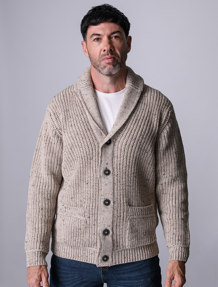 Merino Wool Ribbed Shawl Neck - Oatmeal #color_oatmeal