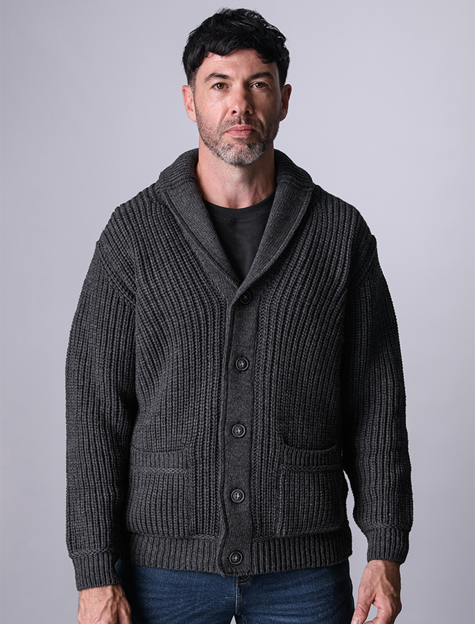Merino Wool Ribbed Shawl Neck Cardigan - Charcoal #color_charcoal