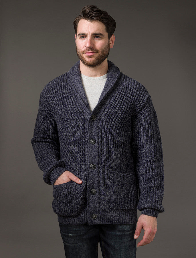 Merino Wool Ribbed Shawl Neck Cardigan - Cormorant Blue #color_cormorant-blue