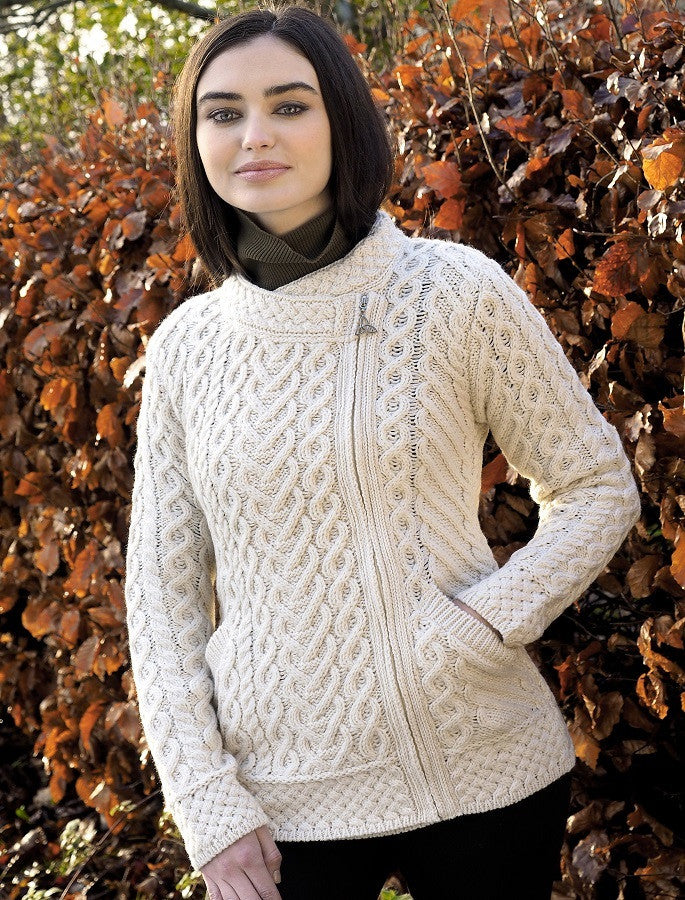 Merino Wool Side Zip Aran Cardigan - Natural White #color_natural-white