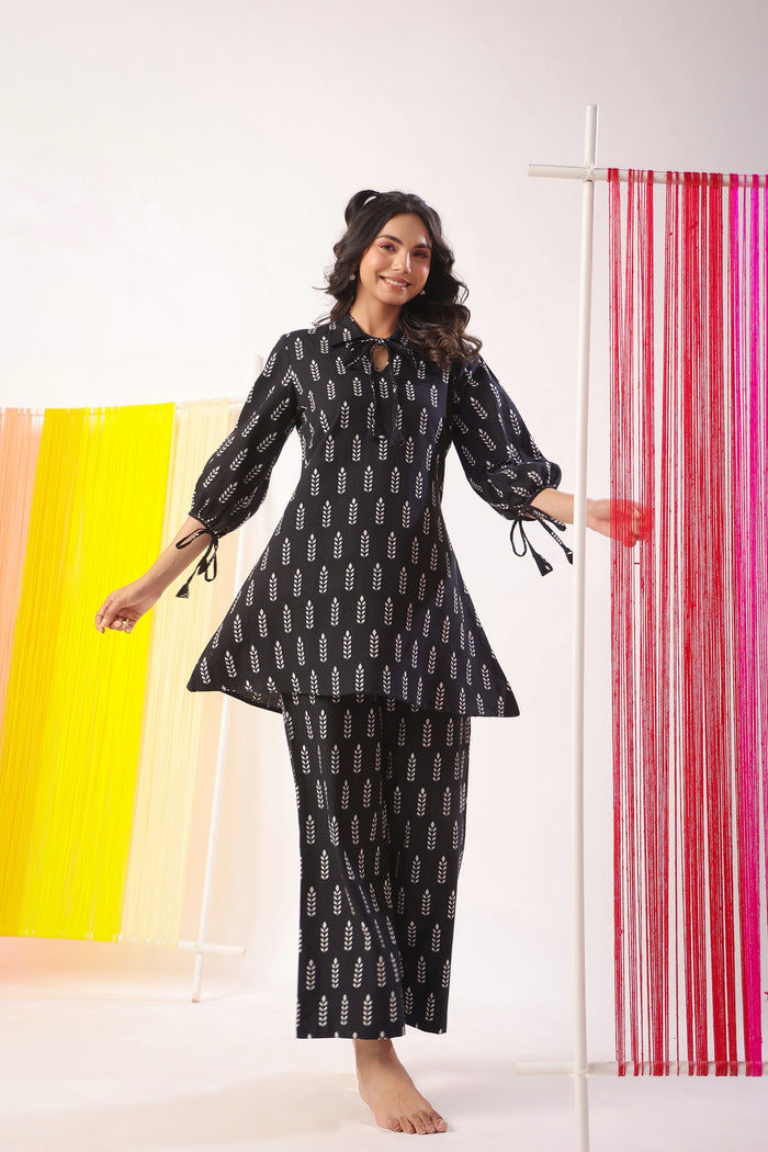 Minimalist Pattern On Black Cotton Flex Co-ord Set