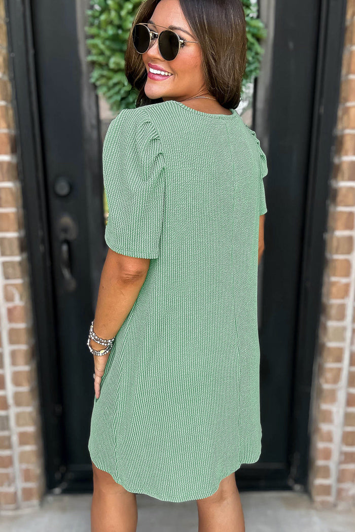 Mint Green Ribbed Knit Crew Neck Puff Sleeve Shift Mini Dress - Dresses/T Shirt Dresses