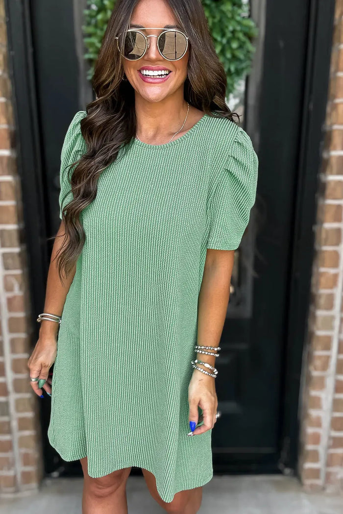 Mint Green Ribbed Knit Crew Neck Puff Sleeve Shift Mini Dress - Dresses/T Shirt Dresses