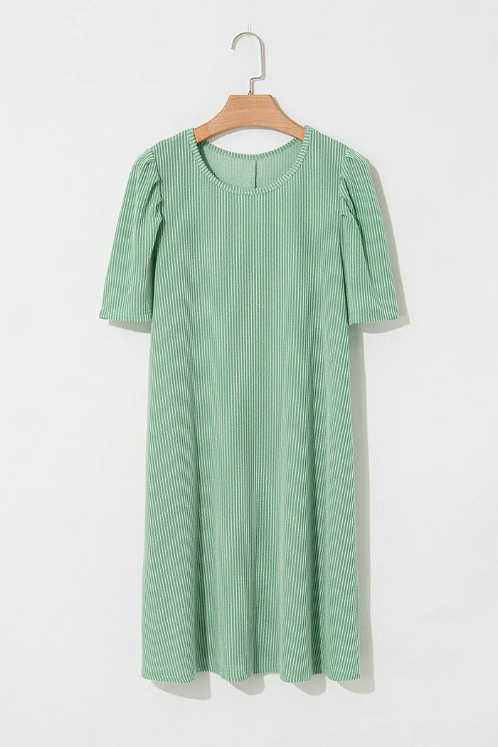 Mint Green Ribbed Knit Crew Neck Puff Sleeve Shift Mini Dress - Dresses/T Shirt Dresses