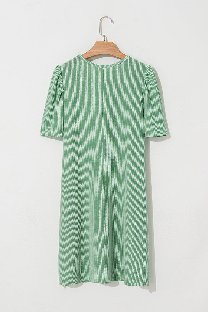 Mint Green Ribbed Knit Crew Neck Puff Sleeve Shift Mini Dress - Dresses/T Shirt Dresses