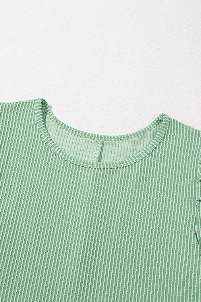 Mint Green Ribbed Knit Crew Neck Puff Sleeve Shift Mini Dress - Dresses/T Shirt Dresses