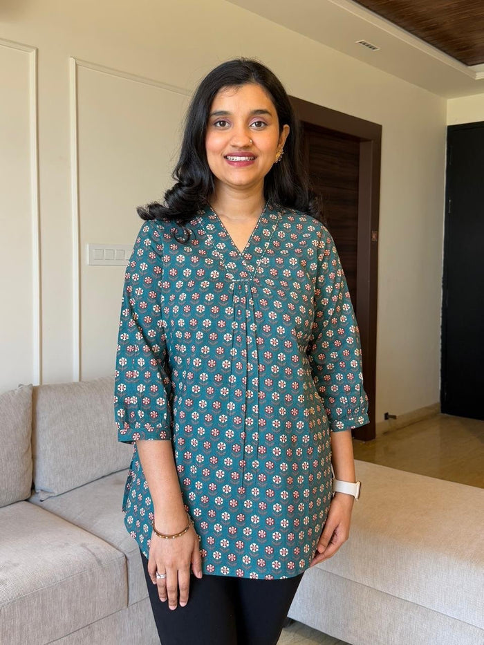 Misha Cotton Short Top- Dark Green Phool