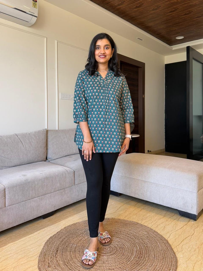 Misha Cotton Short Top- Dark Green Phool