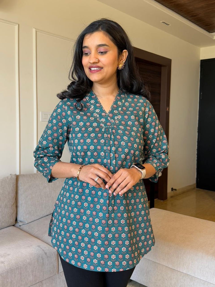 Misha Cotton Short Top- Dark Green Phool