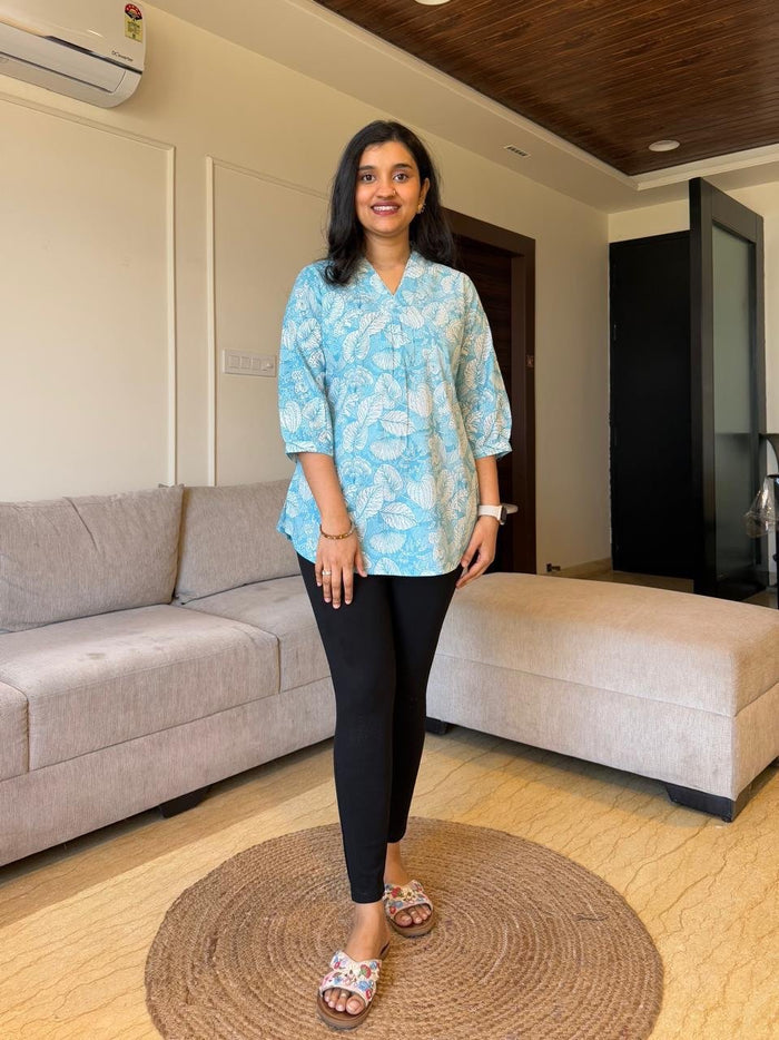 Misha Cotton Short Top- Light Blue Leaves