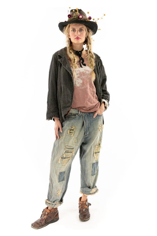 Magnolia Pearl artisan vintage jacket with whimsical distressed jeans and floral hat
