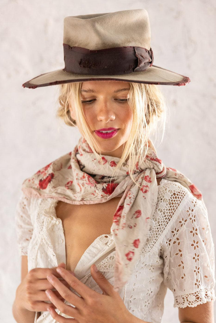 Magnolia Pearl artisan vintage style woman in floral scarf, lace blouse, whimsical hat