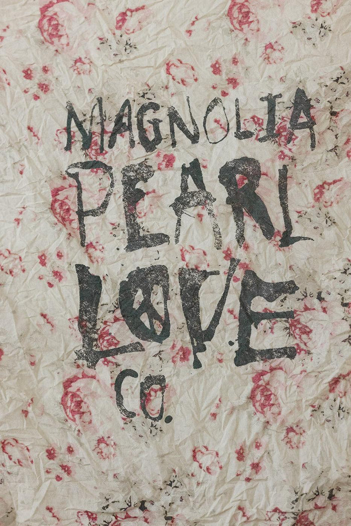 Magnolia Pearl vintage floral crinkled fabric with artisan whimsical LOVE CO. text design