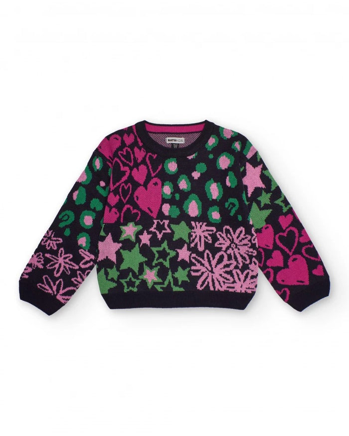 Multicolor knit sweater for girls with hearts, stars and flowers
