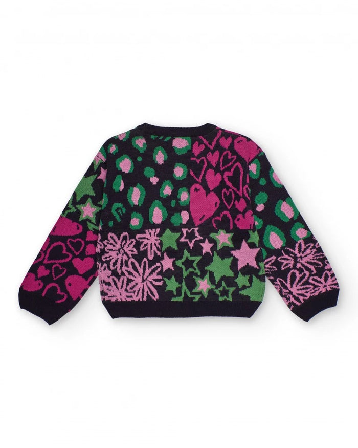 Multicolor knit sweater for girls with hearts, stars and flowers